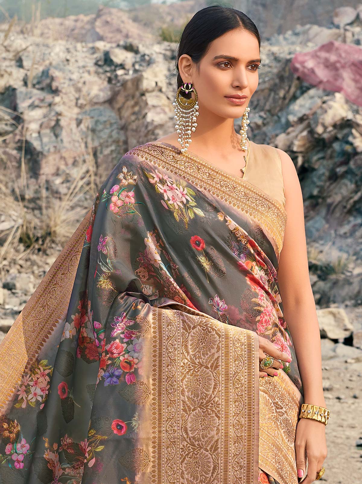 Marvellous Grey Coloured Digital Art Silk Saree - TrendOye