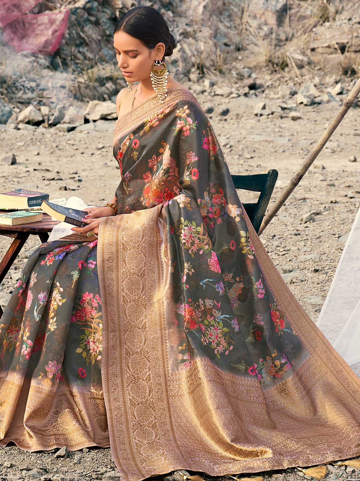 Marvellous Grey Coloured Digital Art Silk Saree - TrendOye