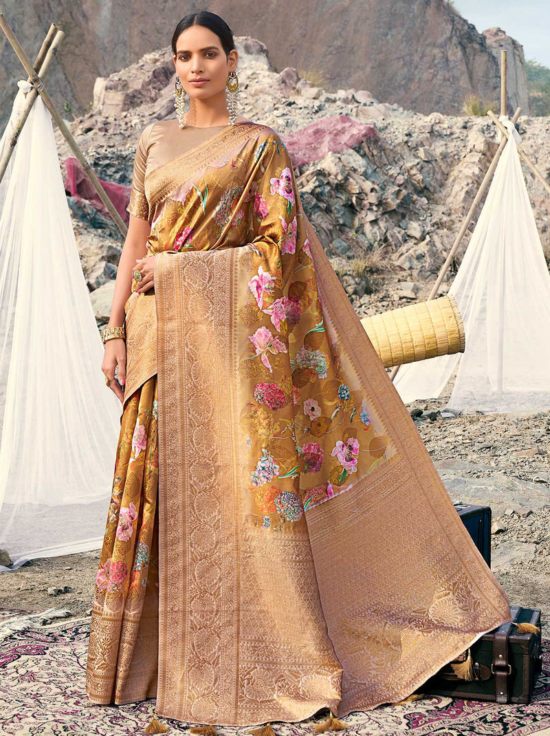 Phenomenal Mustard Coloured Digital Art Silk Saree - TrendOye