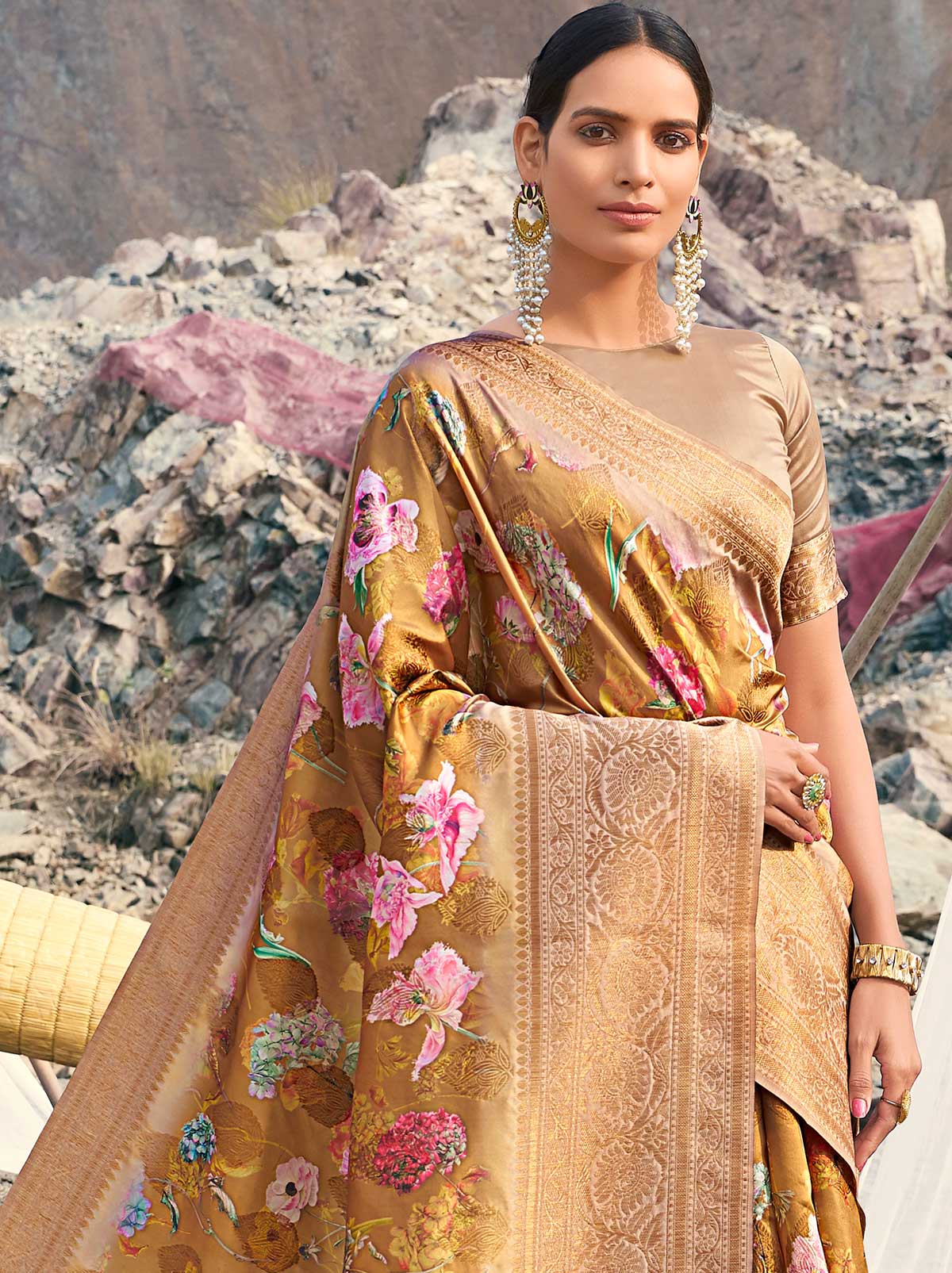 Phenomenal Mustard Coloured Digital Art Silk Saree - TrendOye