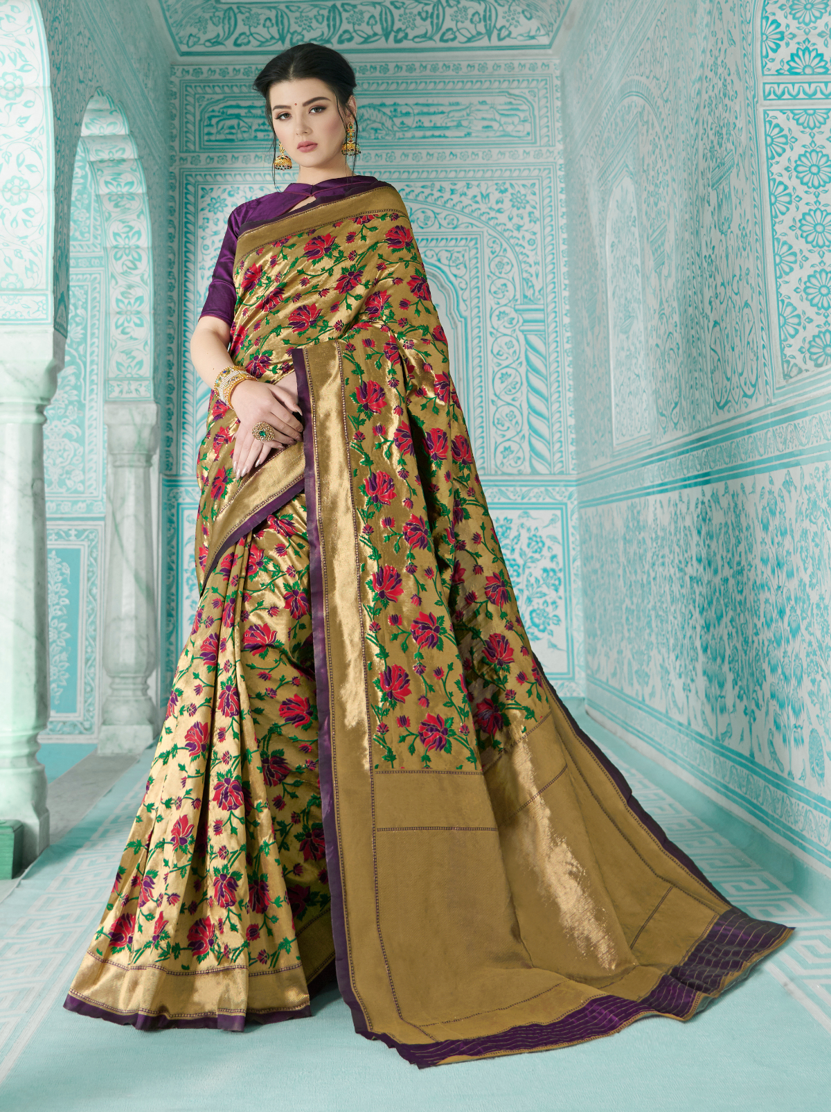 Dazzling Jacquard Full Paithani Silk Saree In Golden - TrendOye