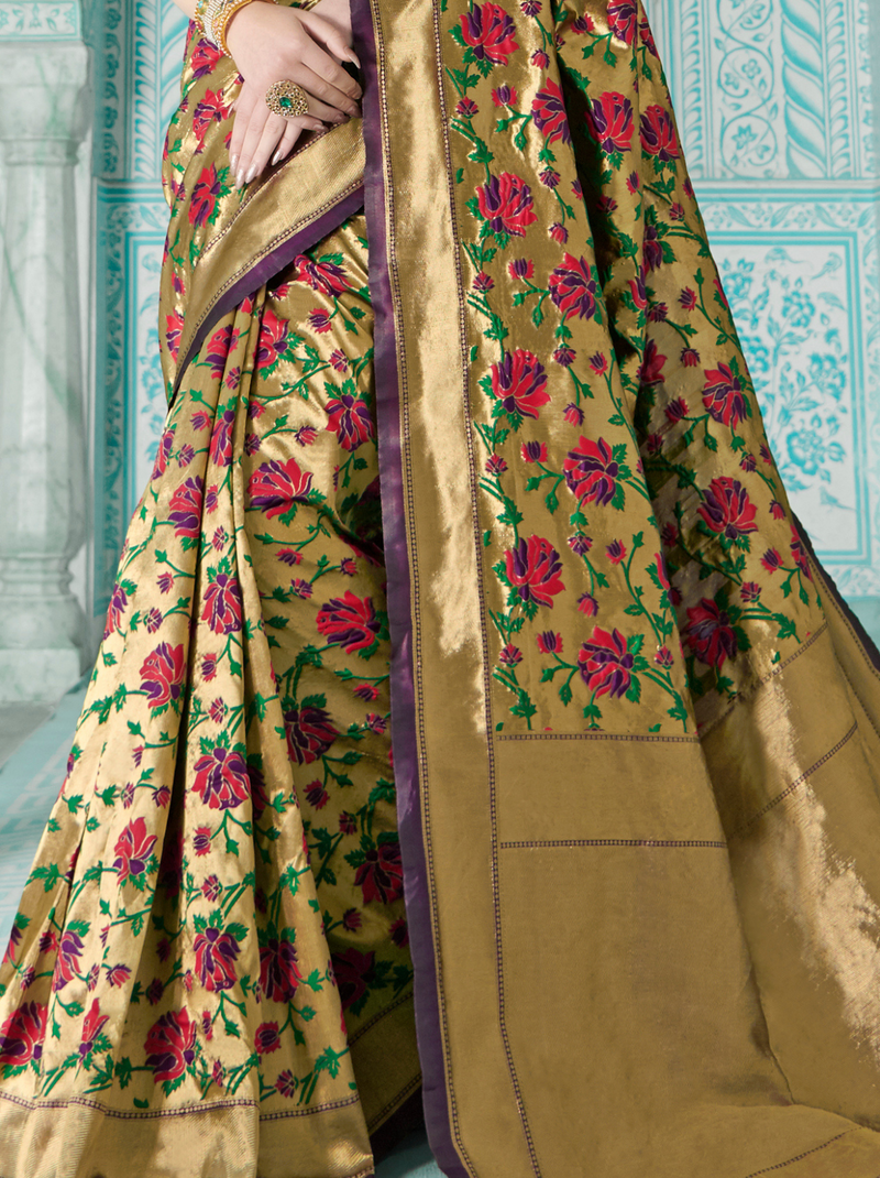Dazzling Jacquard Full Paithani Silk Saree In Golden - TrendOye