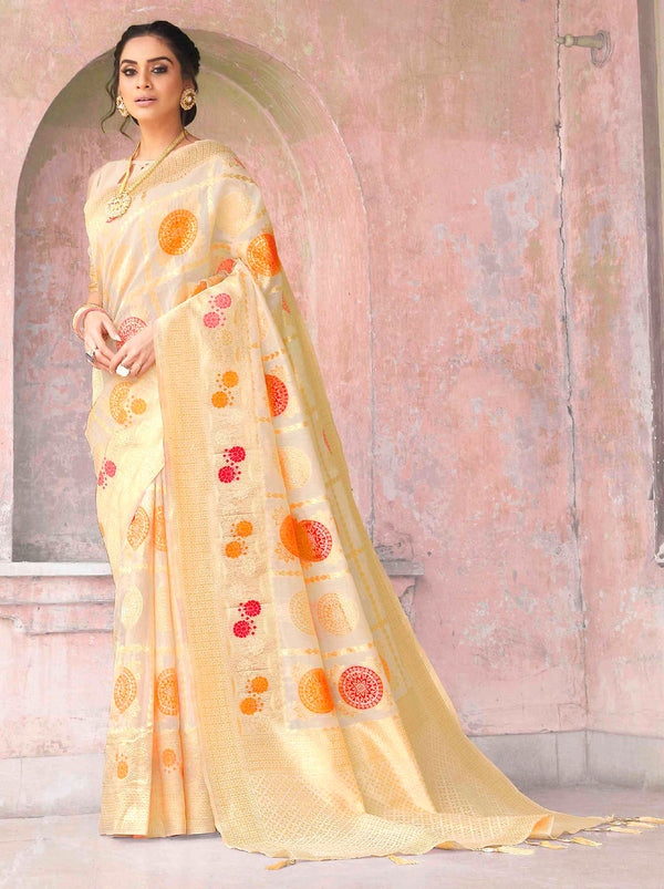Charming Golden Coloured Cotton Silk Saree - TrendOye