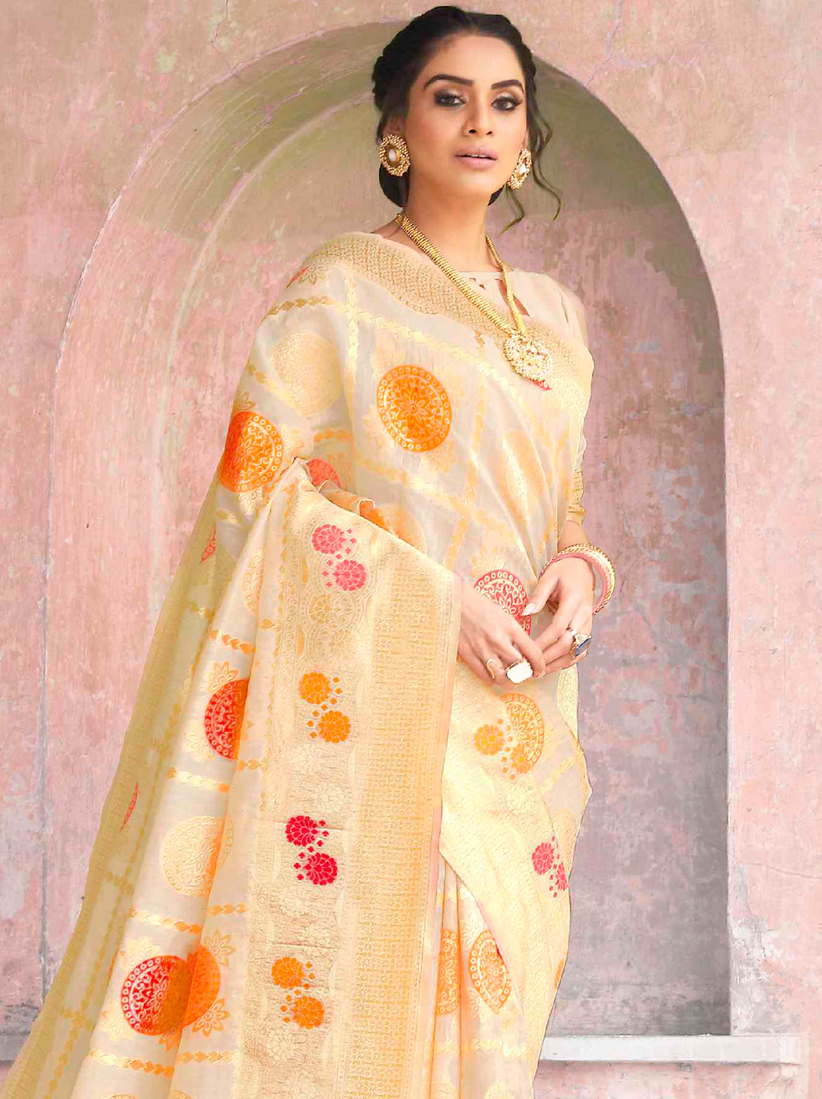 Charming Golden Coloured Cotton Silk Saree - TrendOye