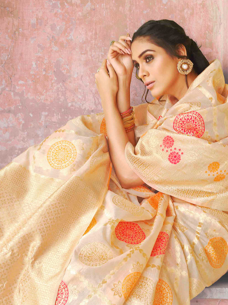 Charming Golden Coloured Cotton Silk Saree - TrendOye