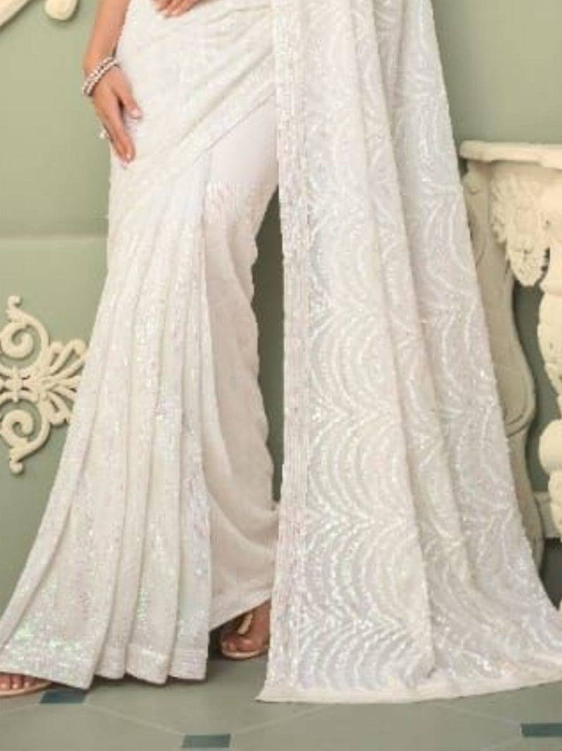 White Sequin Designer Saree - TrendOye