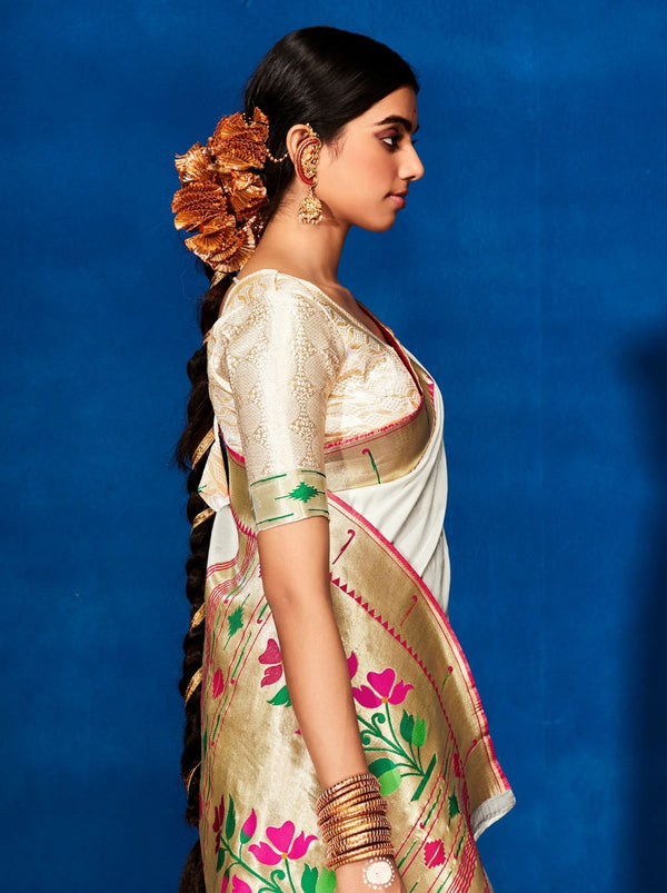 Elegant White Paithani Silk Festive Saree - TrendOye