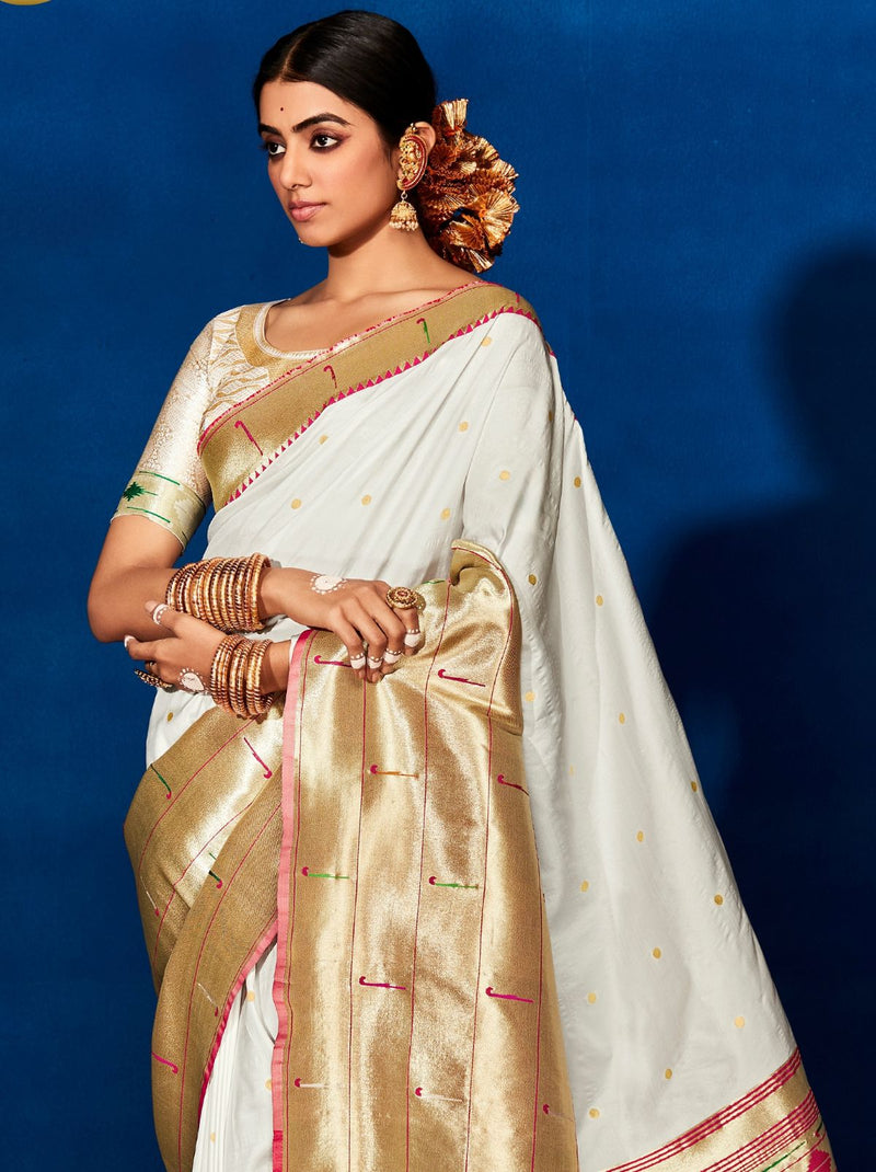 Elegant White Paithani Silk Festive Saree - TrendOye